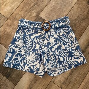 Rachel Zoe Blue and White High Waist 100% Linen Shorts Caribbean Beach Vacation